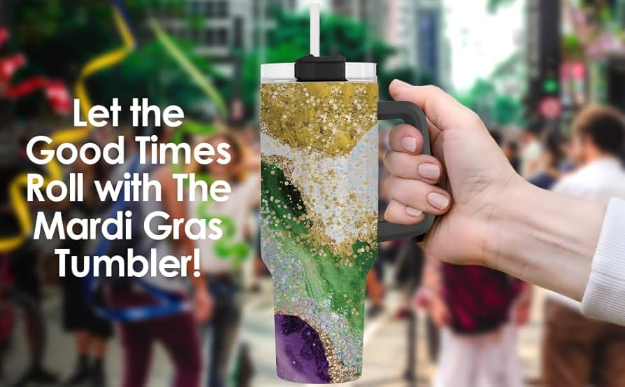 Amazon.com | Mardi Gras 40oz Tumbler With Handle and straw | Mardi