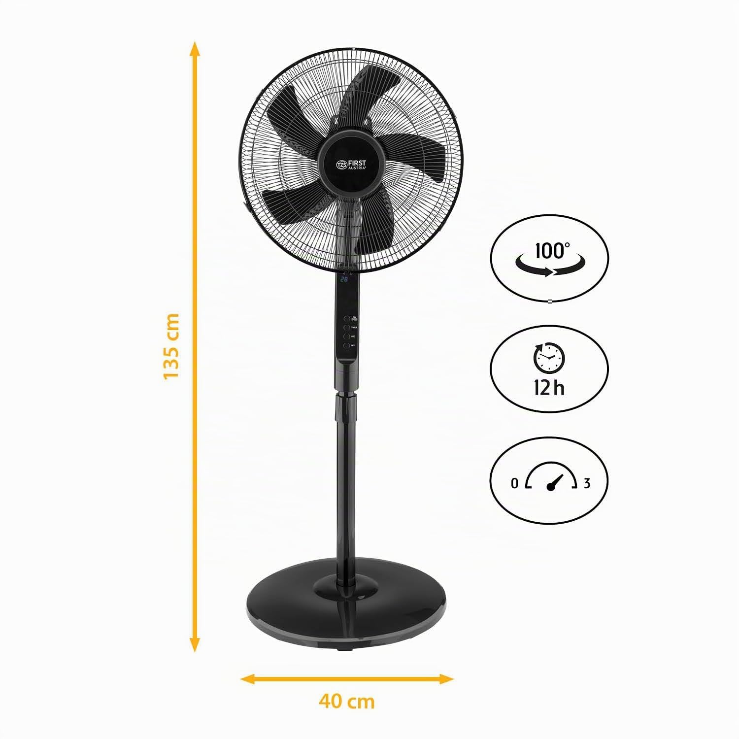 TZS First Austria - Ventilatore a piantana Ø400 mm - 45 W, 3 modalità, oscillazione 100° - Pulsanti, telecomando, timer 1-12 h - 54 dB(A) - nero
