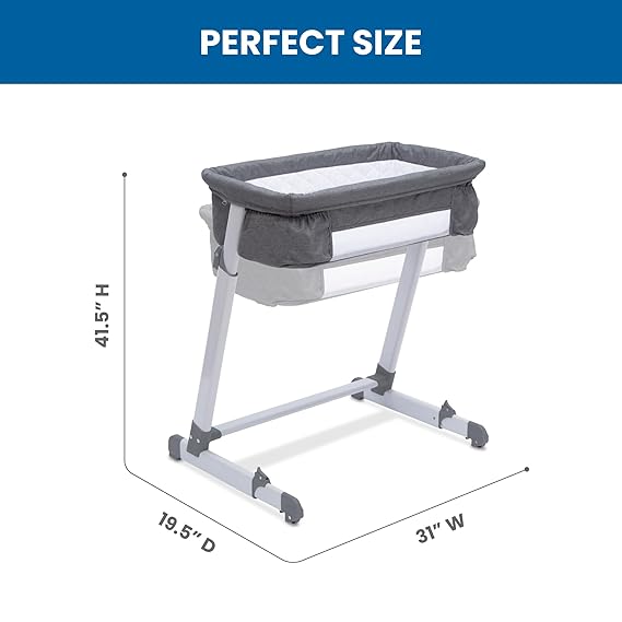 Simmons Kids By The Bed City Sleeper Bassinet - Adjustable Height Portable Crib with Wheels & Airflow Mesh, Grey Tweed