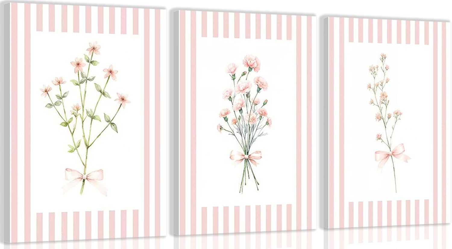 QJPEGZB 3Pcs Pink Bow Floral Canvas Wall Art Pink and White Striped Preppy Bloom Painting Pictures Flower Plant Wall Decor Prints for Living Room Bedroom Girl Room Home Decoration 12x16in Framed