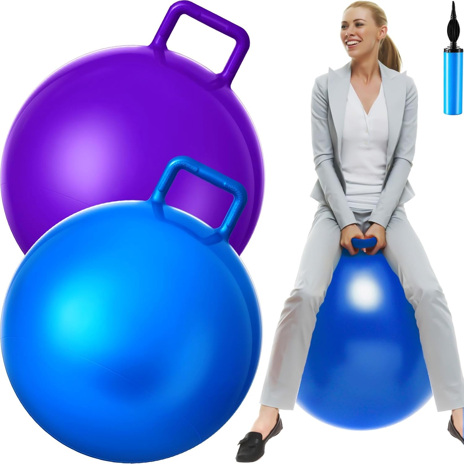 Lewtemi 2 Pcs 31 Inch Big Bouncing Ball with Handle Jumping Hopper Bouncy Ball for Adults Exercise and Air Pump for Outdoor Sports Game(Blue, Purple)