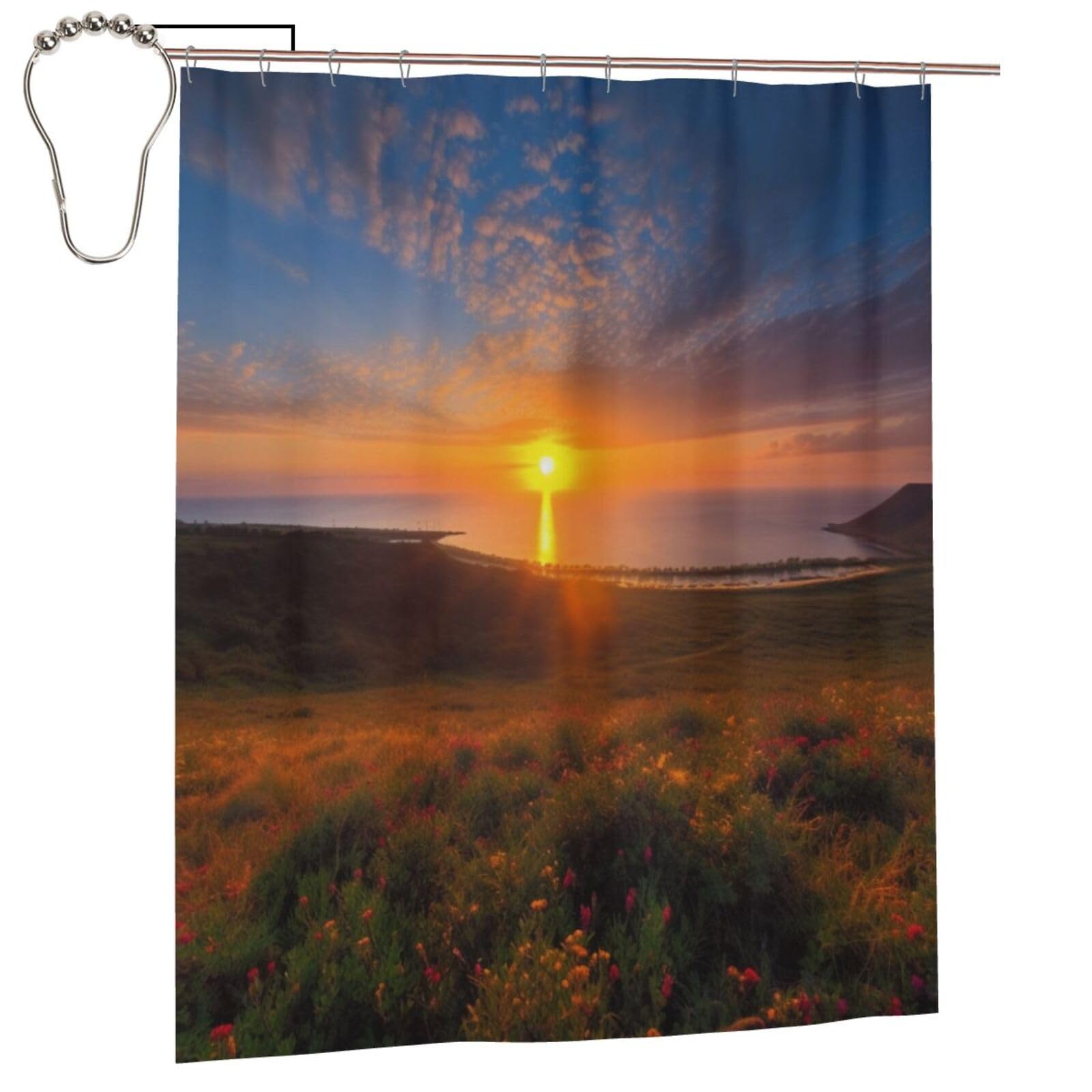 BWWHCCTI Beautiful Sunrise Printed Shower Curtain With 12 Iron Hooks Opaque Quick Drying Waterproof Shower Curtains Sets For Bathroom 152x183 Cm