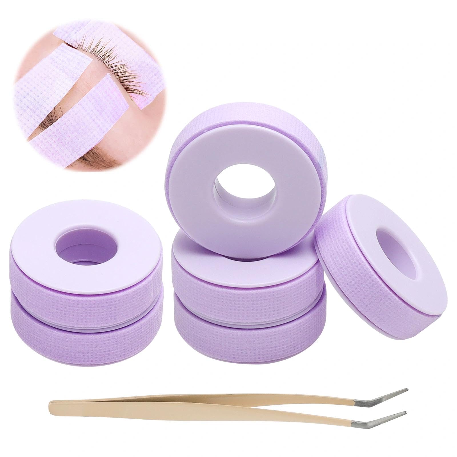 VOSSOT 6 Rollos Cinta Extensión de Pestañas Para Extensiones Lash Tape Adhesiva Cinta Micropore para Pestañas Transpirable Impermeable de Gel Color Morado Incluye Pinzas 1.25cm*9m