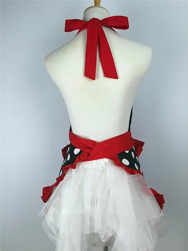 Miniatura 6 de Hyzrz Lindo delantal retro negro con lunares retro con volantes laterales, delantales de cocina vintage con bolsillos para mujeres y niñas (lado