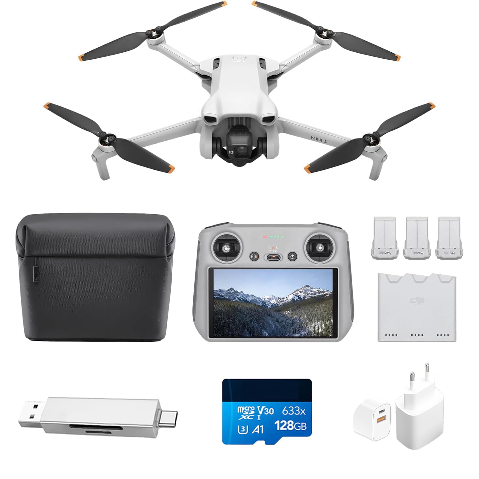 DJI Mini 3 Fly More Combo Bundle(con DJI RC) – Mini Drone con Fotocamera Pieghevole e Leggero con Video in 4K HDR, Autonomia di 38 Minuti (Lettore di schede + scheda di memoria + spina)