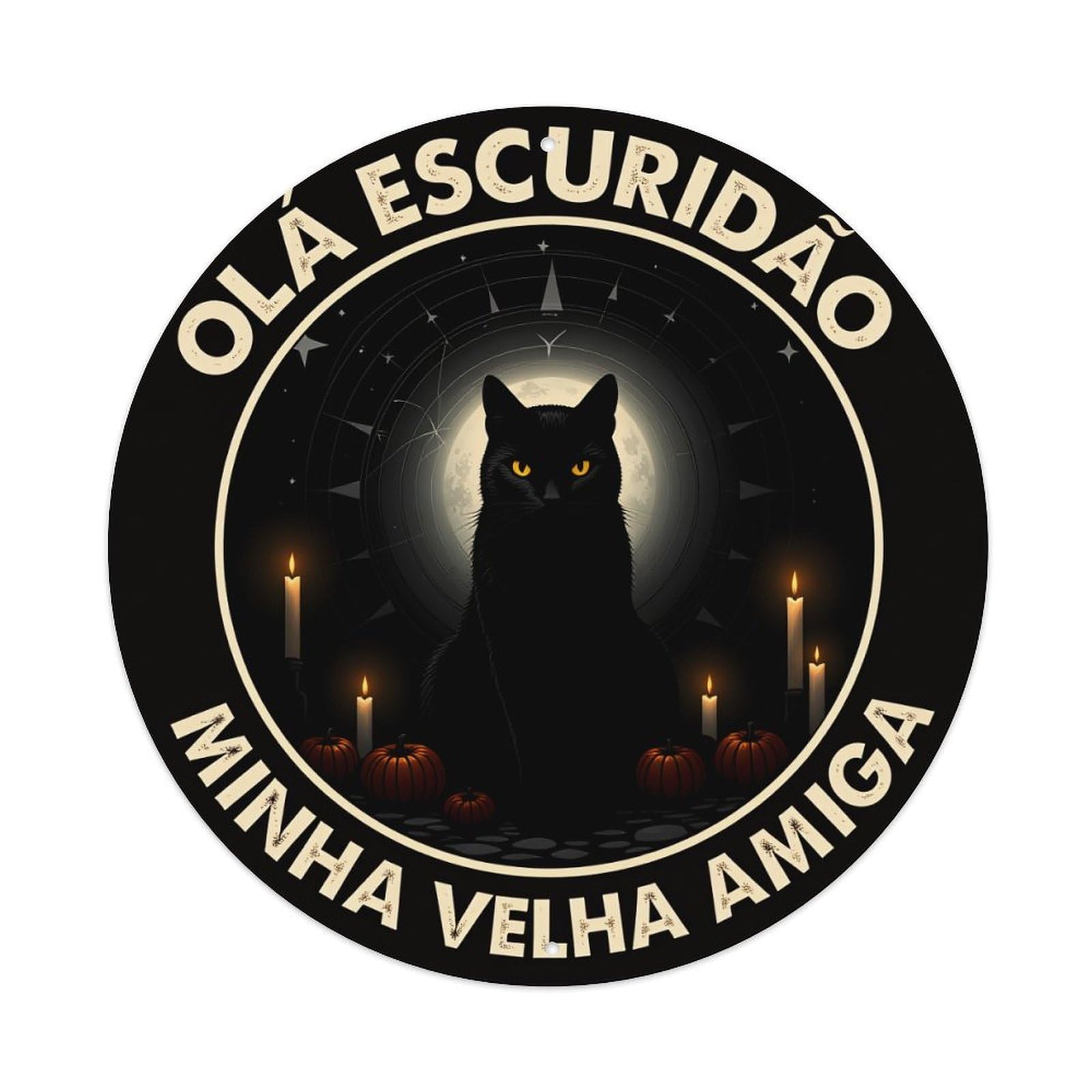 Black Cat Moon Candles Pumpkins Round Tin Sign Vintage Style Metal Sign Home Bar Garden Wall Plaque Decor Metal Poster 8x8 Inch