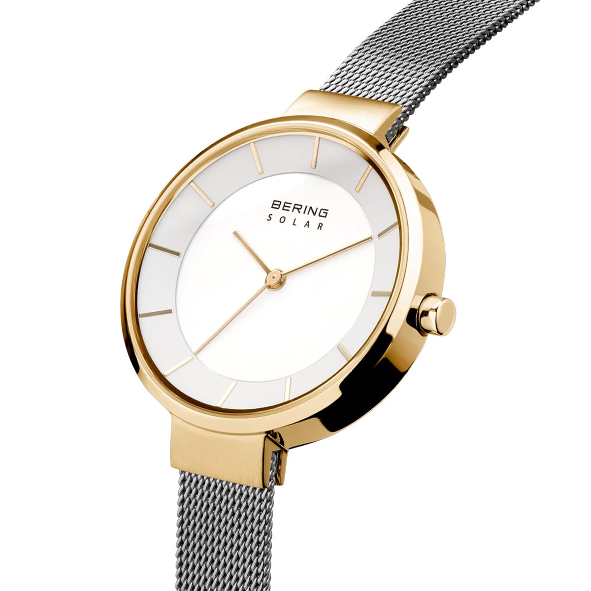 Bering Damen Solar Uhr | Armbanduhr 31 mm Edelstahlgehäuse und Zifferblatt | Milanaisearmband | Saphierglas | 5 ATM | 14631