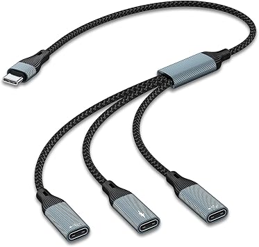 USB C to Three USB C Female OTG & Data and Charger Splitter Cable, 3 in 1 Type C Headphone Adapter OTG Data Cable with PD 60W Charging Compatible with MacBook Air/Pro, iPad Pro/Air, iPhone 17/16/15