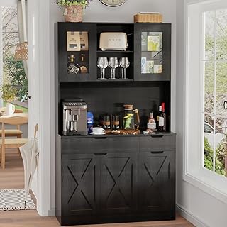 71" Tall Kitchen Pantry Storage Cabinet Large Farmhouse Hutch Cabinet with Microwave Stand, Charging Station, Adjustable Shelves, Countertop for Dining Room, Living Room, Black