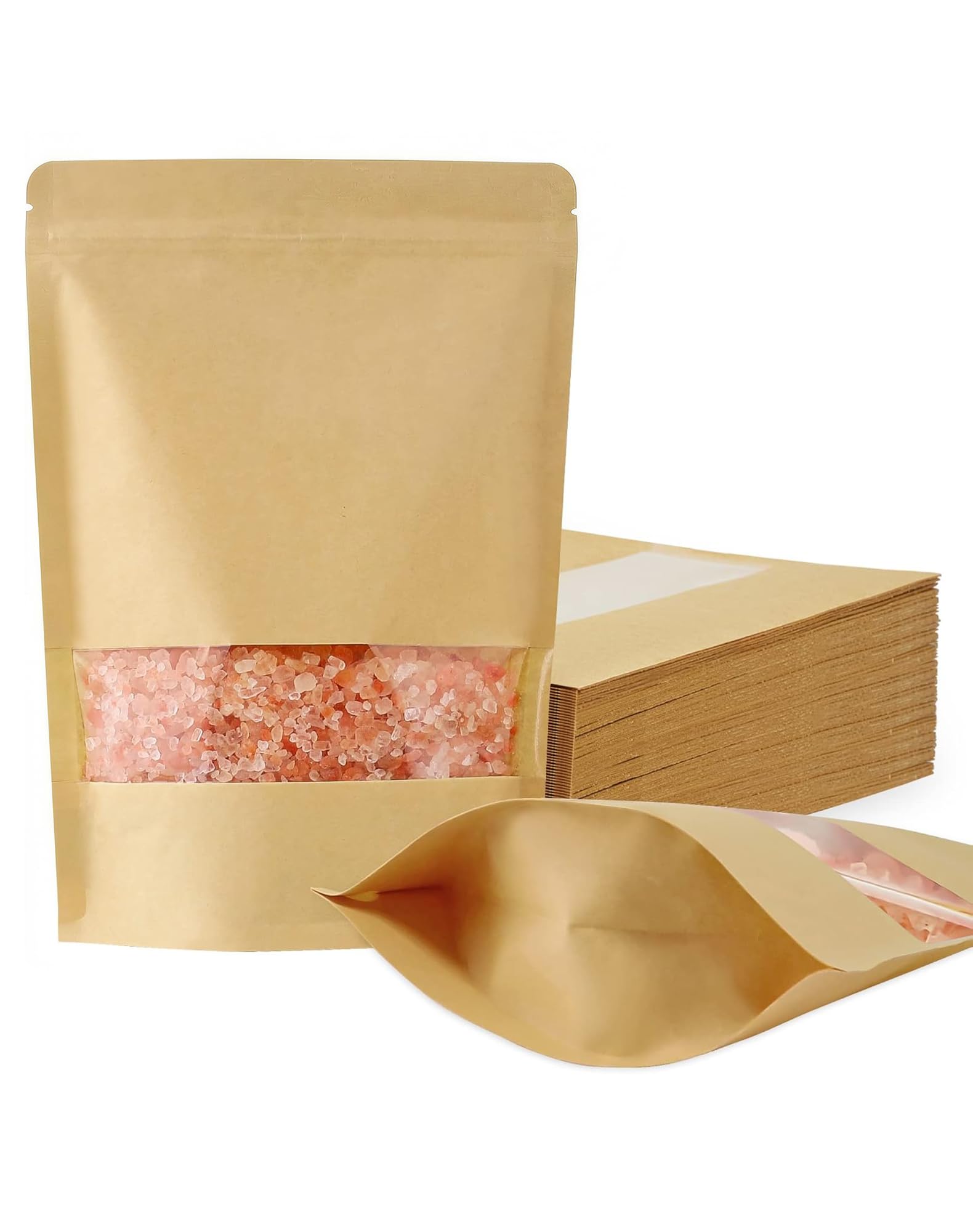 FireKylin 100 szt. torebek z papieru kraftowego z okienkiem, 18 x 25,9 cm, torby do przechowywania żywności z zamkiem błyskawicznym do pakowania produktów, wielokrotnego użytku, zamykane
