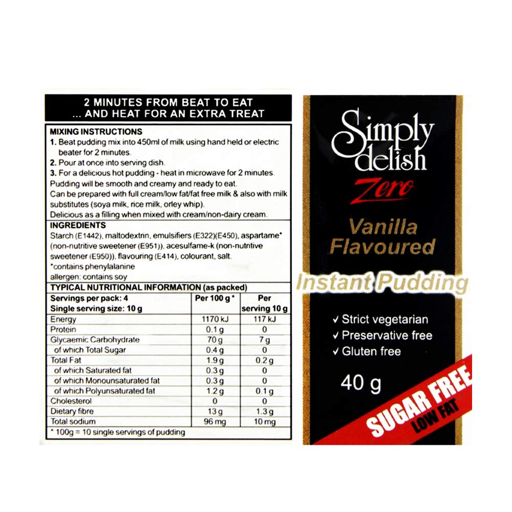 Simply Delish Sugar Free Instant Pudding Vanilla Flavour Pack of 6 Low Fat Gluten Free Vegan Sweet