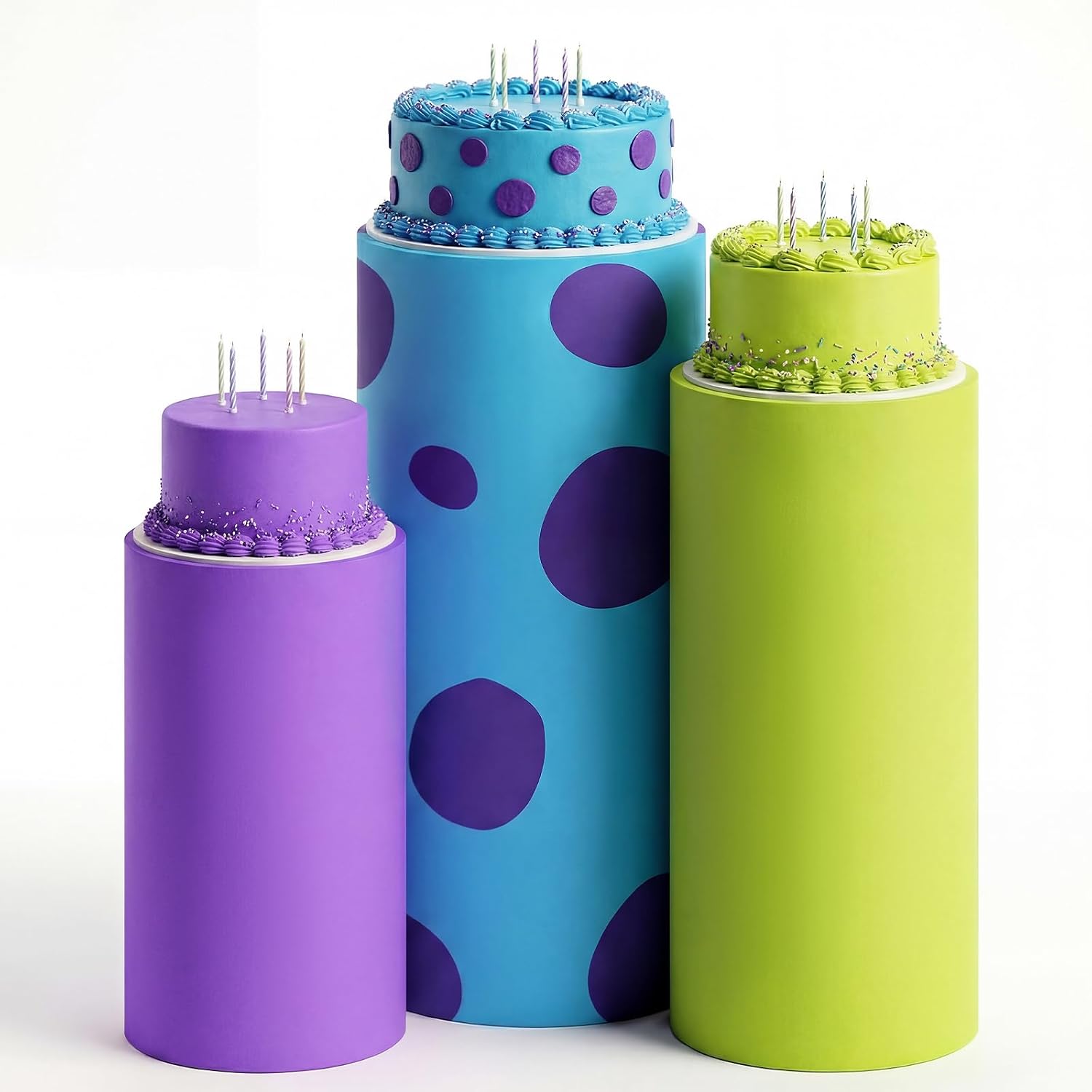 Set of 3 Monster Cartoon Spandex Cylinder Stand Covers, Purple Green Blue Cylinder Pedestal Cover, Dessert Table Display for Monster Theme Birthday Baby Shower Party Decor