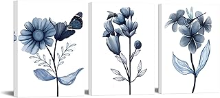 3 Piece Canvas Wall Art Navy Flower Painting Art Prints Blue Floral With Butterfly Picture Artwork Modern Bedroom Bathroom Wall Decor Framed Ready to Hang Each Panel 12x16 Inches