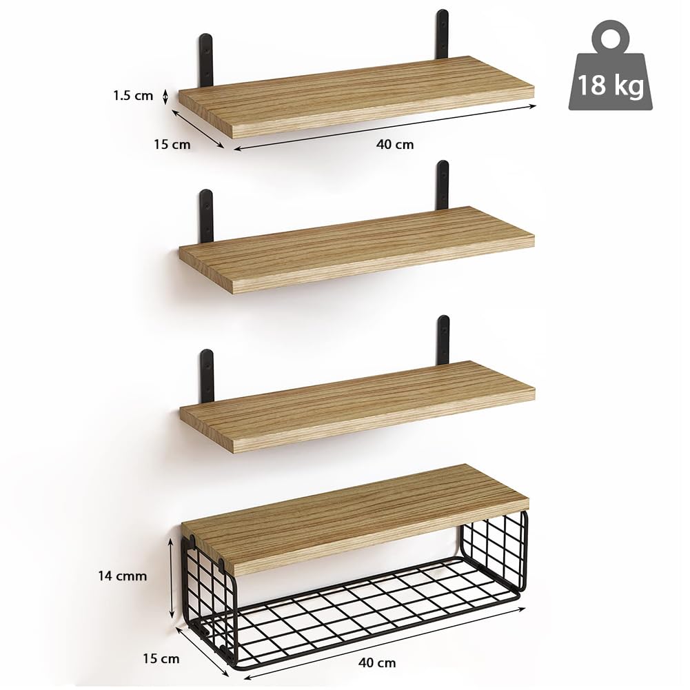 BAKAJI Set 4+1 Mensole da Parete in Legno Massiccio, Scaffali a Muro Multiuso, Staffe e Cestino in Metallo, Scaffalatura per Camera da Letto, Soggiorno, Cucina, Bagno, Libreria, Salvaspazio (Quercia)