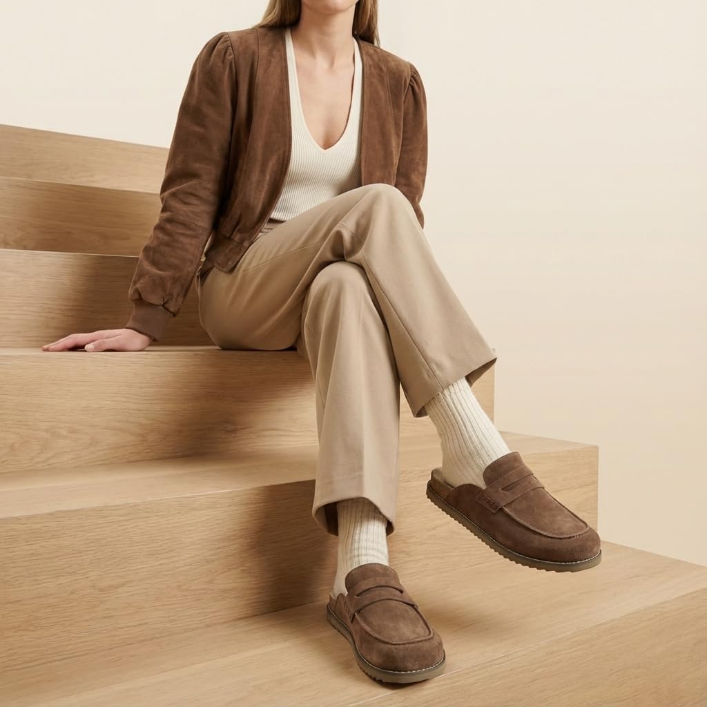CUSHIONAIRE Zola Women’s Penny Clog Mule – Suede Slip-On with Memory Foam, Cork Footbed & Flexible Outsole