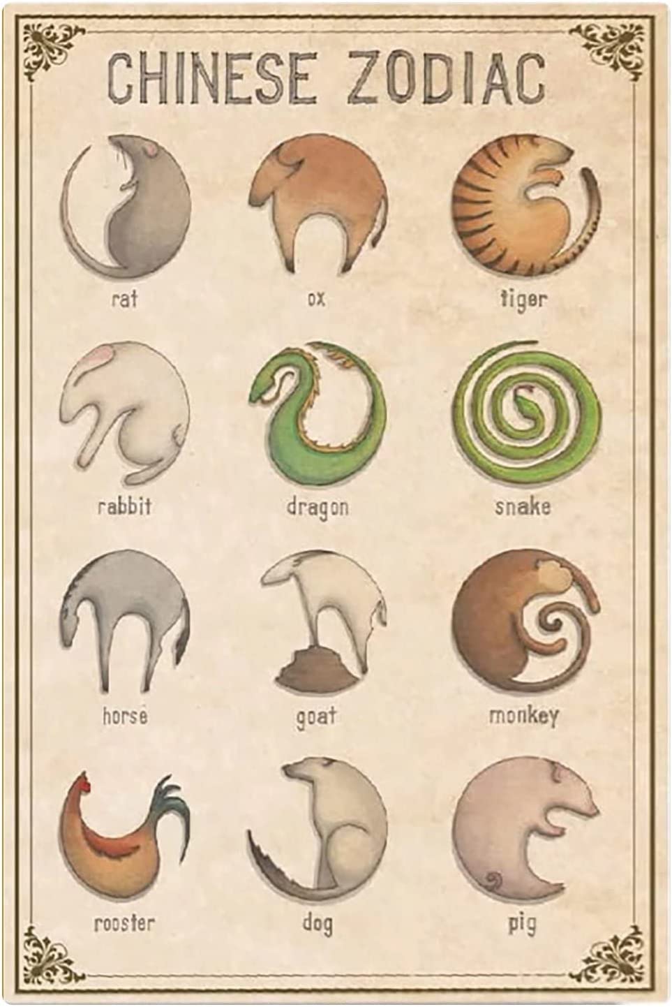 Hlbsdm Tinsign-18 Chinese Zodiac Metal Signs Wall Decor 12 Animal Signs Posters Home Room Club Funny Zodiac Classroom Office Studio 8" X 12"