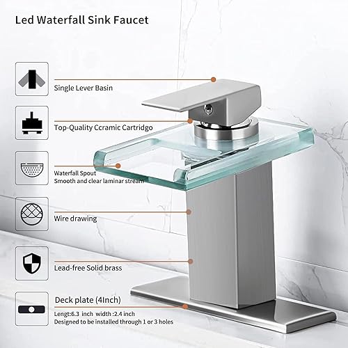 Miniatura 4 de Grifo de lavabo de baño LED, cascada cromada de un solo mango para fregaderos, 1 agujero con drenaje desplegable de metal y 2 líneas de suministro