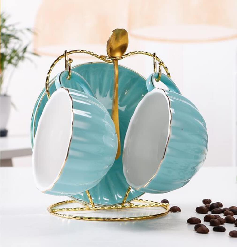 Coffee Cup,Tea Cups,Coffee Cup* Tea Cup and Saucer Set,Ceramic Coffee Tea Cup and Saucer Set Outline in Gold Set with Cup Holder and Spoon Ceramics Espresso Cups with Pre