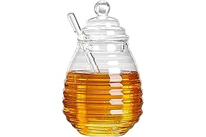 【Refined Glass Honey Pot with Dipper】14oz Thickened Honey Jar with Lid, Clear...