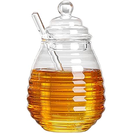 【Refined Glass Honey Pot with Dipper】14oz Thickened Honey Jar with Lid, Clear...