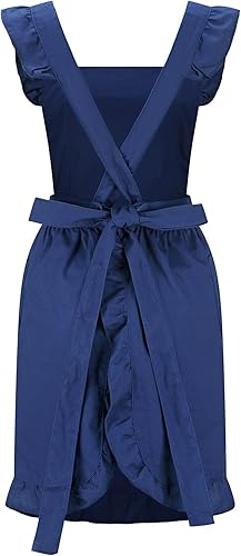 Miniatura 2 de Hyzrz Delantales retro ajustables con volantes con bolsillos para mujeres y niñas, vintage, espalda cruzada, vestido de sirvienta, delantal para