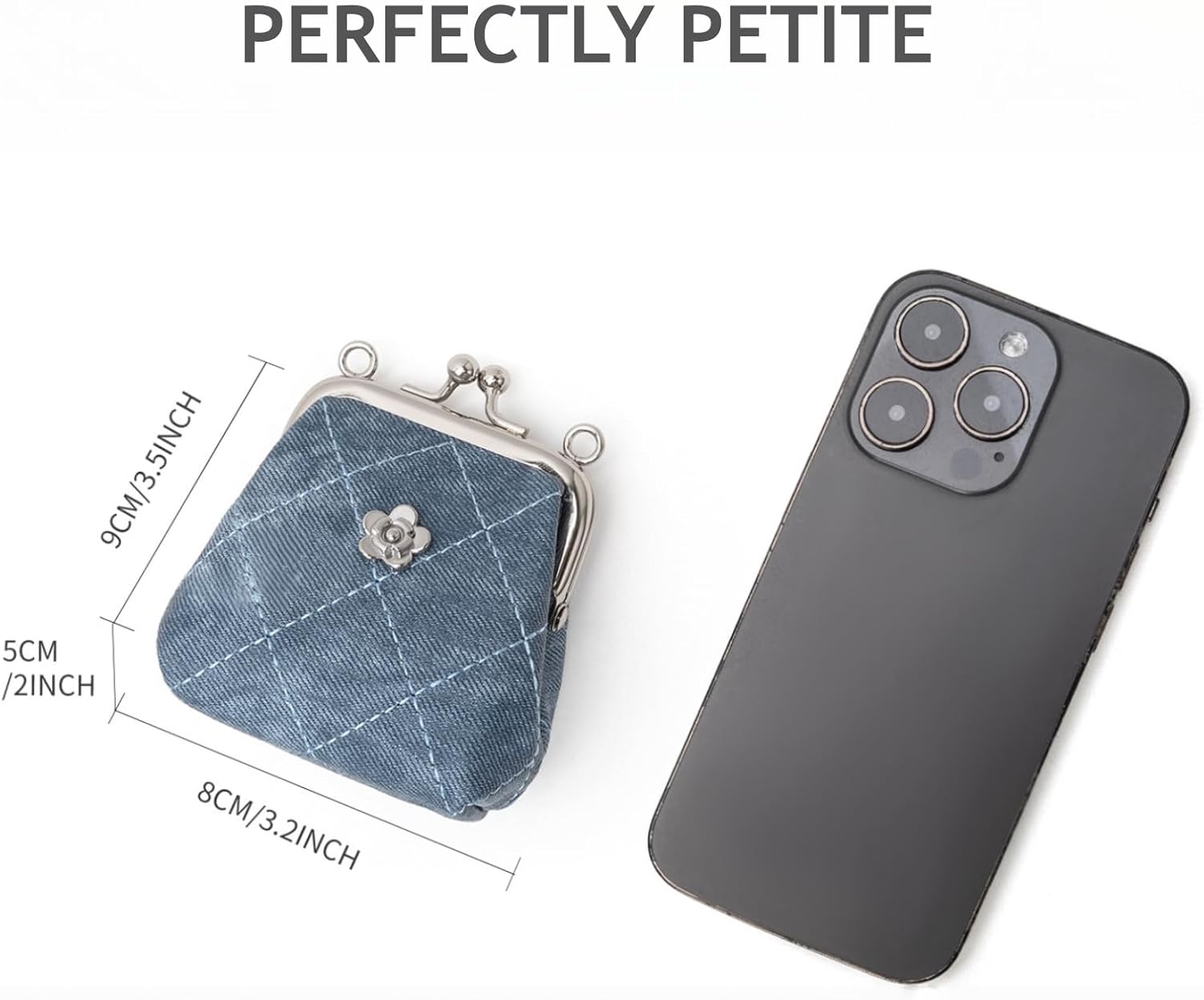 Quilted Kiss Lock Coin Purse with 2 Detachable Chains - Tiny Handbag, Wristlet, Shoulder Bag & Crossbody Bag for Women, Vintage Wallet, Mini Coin Pouch Small Change Purse (Denim Blue) - Image 3