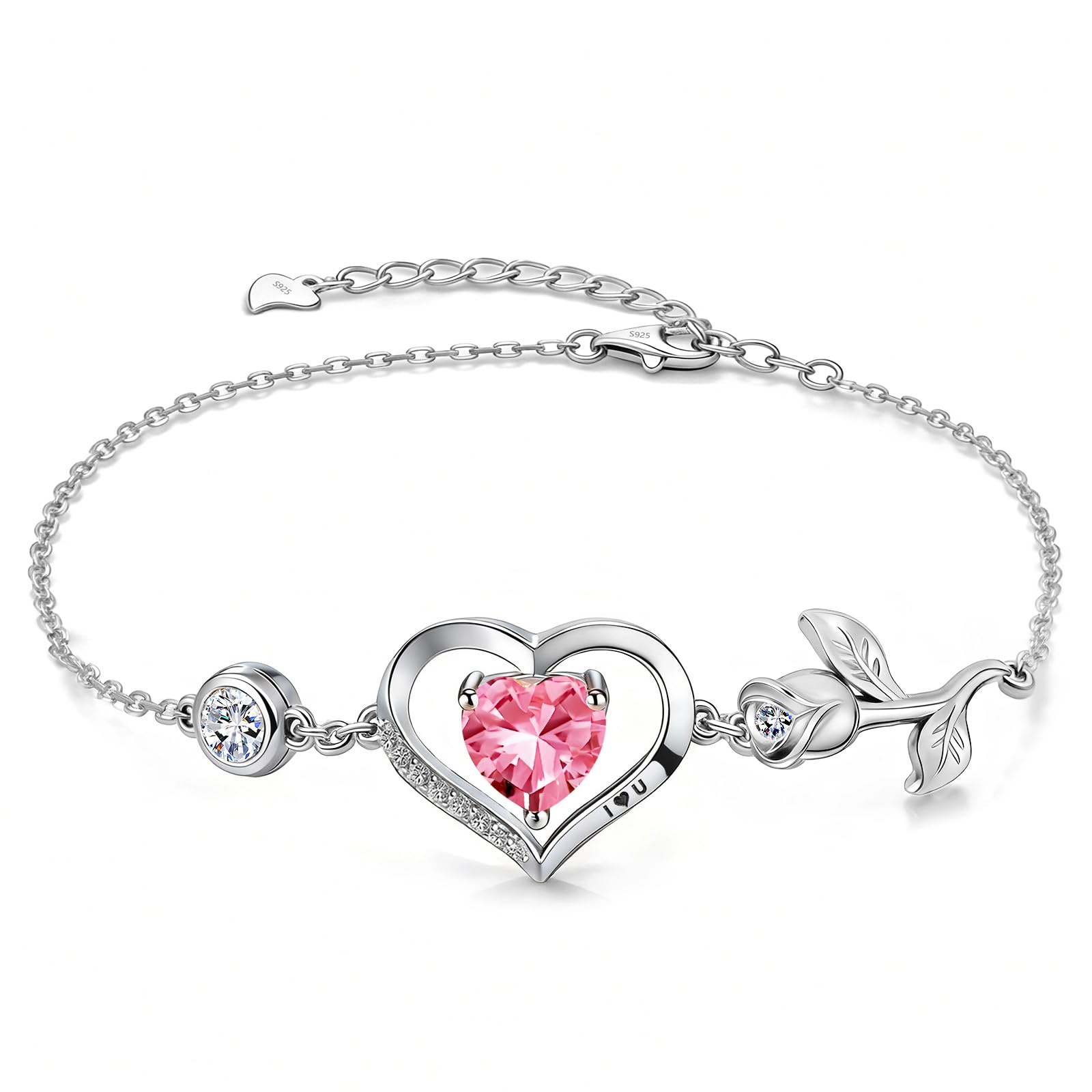 JACUPO 1 Karat Rose Herz Armband Moissanit/Lab-Grown Saphir/Rubin/Smaragd S925 Silber 18K weiß/rotvergoldet Jahrestag für Frau/Freundin/Mutter/Tochter