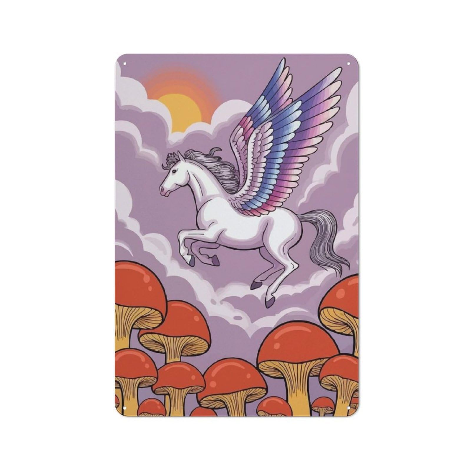 Junmoney Pegasus Flying Over Mushrooms Cottage Style Metal Wall Decor 30X20cm, Tin Wall Plaque For Kitchen, Cottage, Porch Or Garden Room