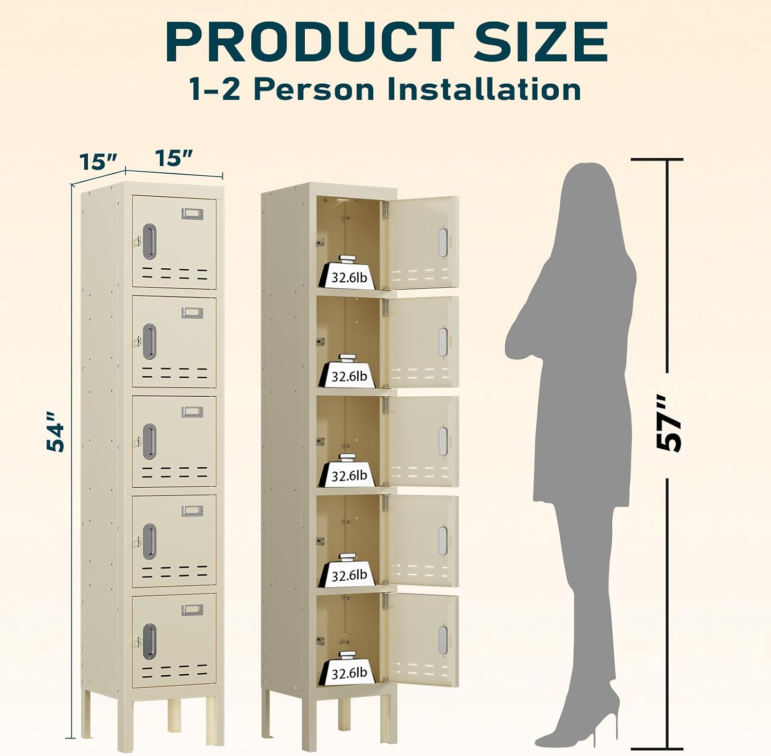 BUTISOW Metal Storage Locker with Lock & Card Slot - Secure Lockable Door - Steel Locker for School, Office, Gym, Home - 66.15" H x 11.8" W x 11.8" D - 5 Door - Beige