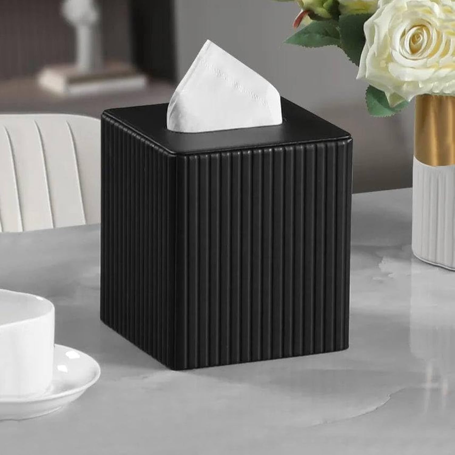 Columns Square Tissue Box Holder | PU Leather Material | Facial Tissue Holder for Bathroom Home Office Car| Textured Finish Paper Tissue Holder | Easy to Refill with Bottom Opening - Taupe — Amazon image 7