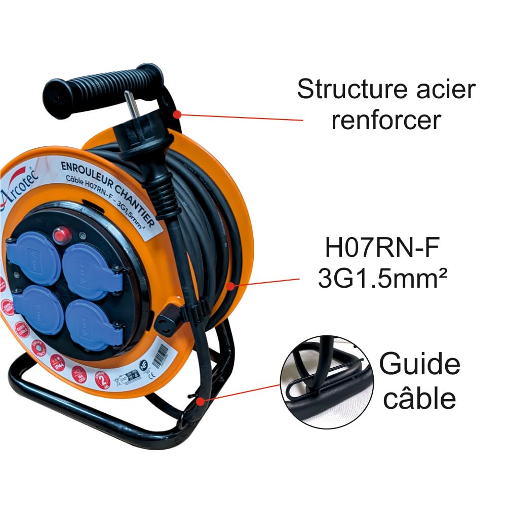 Enrouleur PRO de Chantier 3G1.5 25m IP44 Platine Fixe (Anti Twist) - Câble H07RN-F - 4 Prises 16A - Garantie 2 Ans