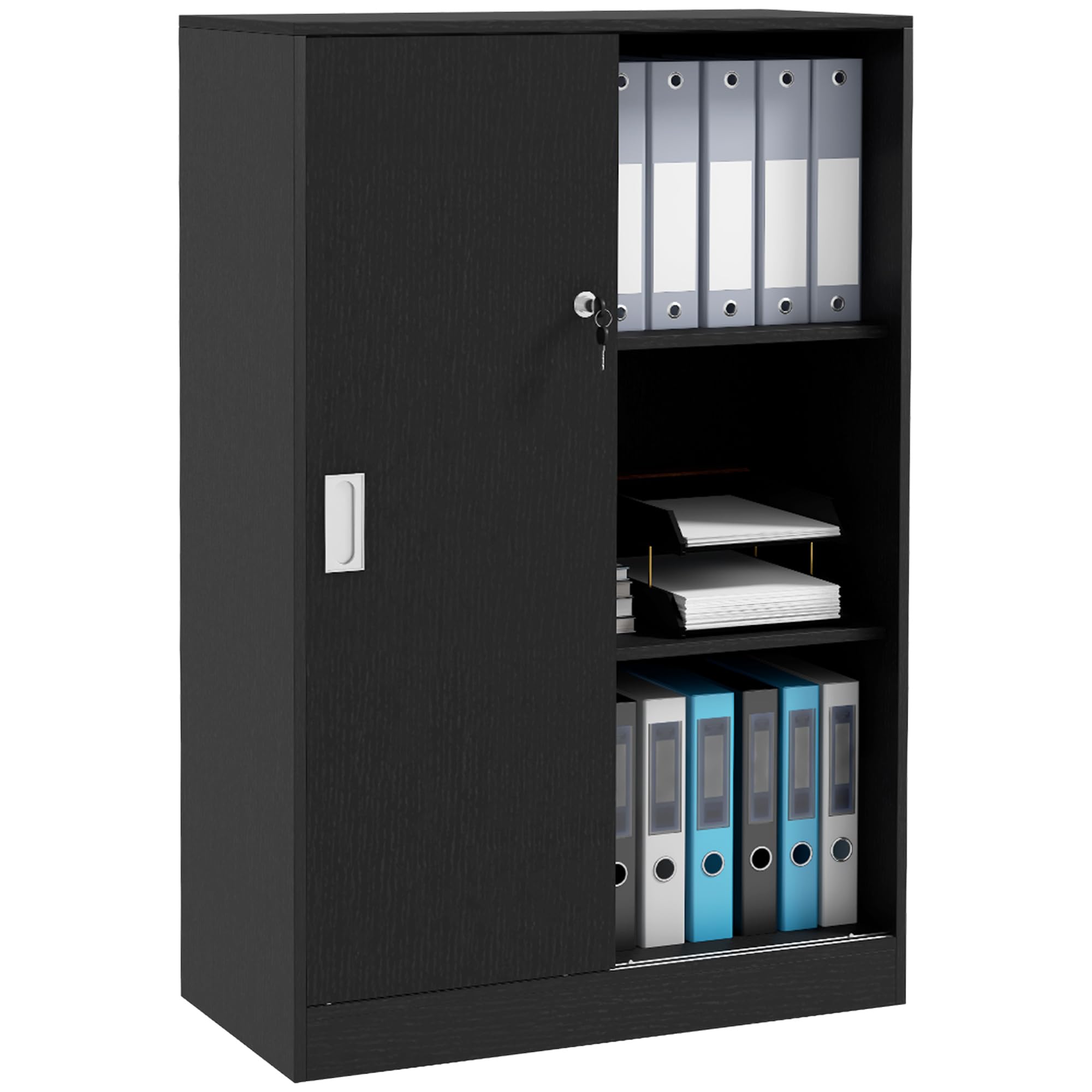 HOMCOM Armadietto da Ufficio a 3 Ripiani e ad Anta Doppia, Mobiletto Armadio da Ufficio in Legno, Mobiletto Multiuso con Chiusura e 2 Chiavi di Sicurezza per Studio, Garage e Soggiorno, Nero