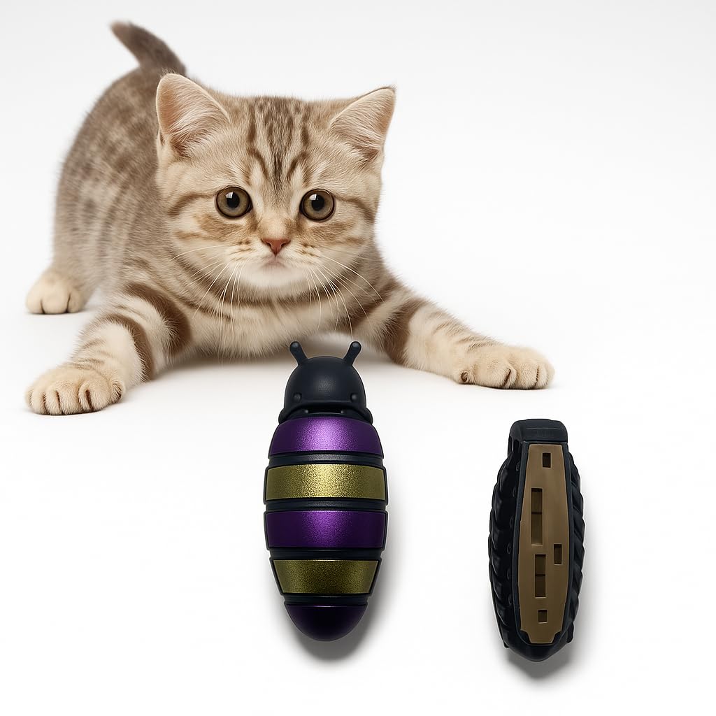 YellowCult Interactive Running Ladybug Cat Toy with 2 Batteries Included – Purple Grey & Black Electric Obstacle Sensing Bug with Adjustable Legs for Custom Angles & Curved Motion, Indoor Chase Play-image-2