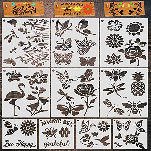 10 Pcs Flower Stencils, Sunflower Butterfly Stencil Bee Bird Stencils for Painting on Canvas Dragonfly Pineapple Paint Stencils for Wood Nature Honeycomb Reusable Stencils for Crafts