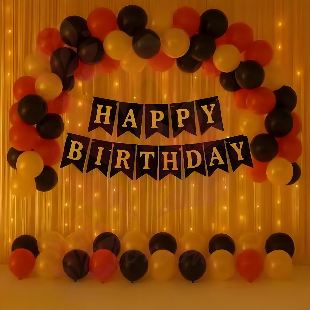 FLOROOM_Black Gold Red Birthday Decorations Kit with Balloons, Golden Foil Curtain & LED Lights-Happy Birthday Banner Party ( HAPPY BIRTHDAY_16 )