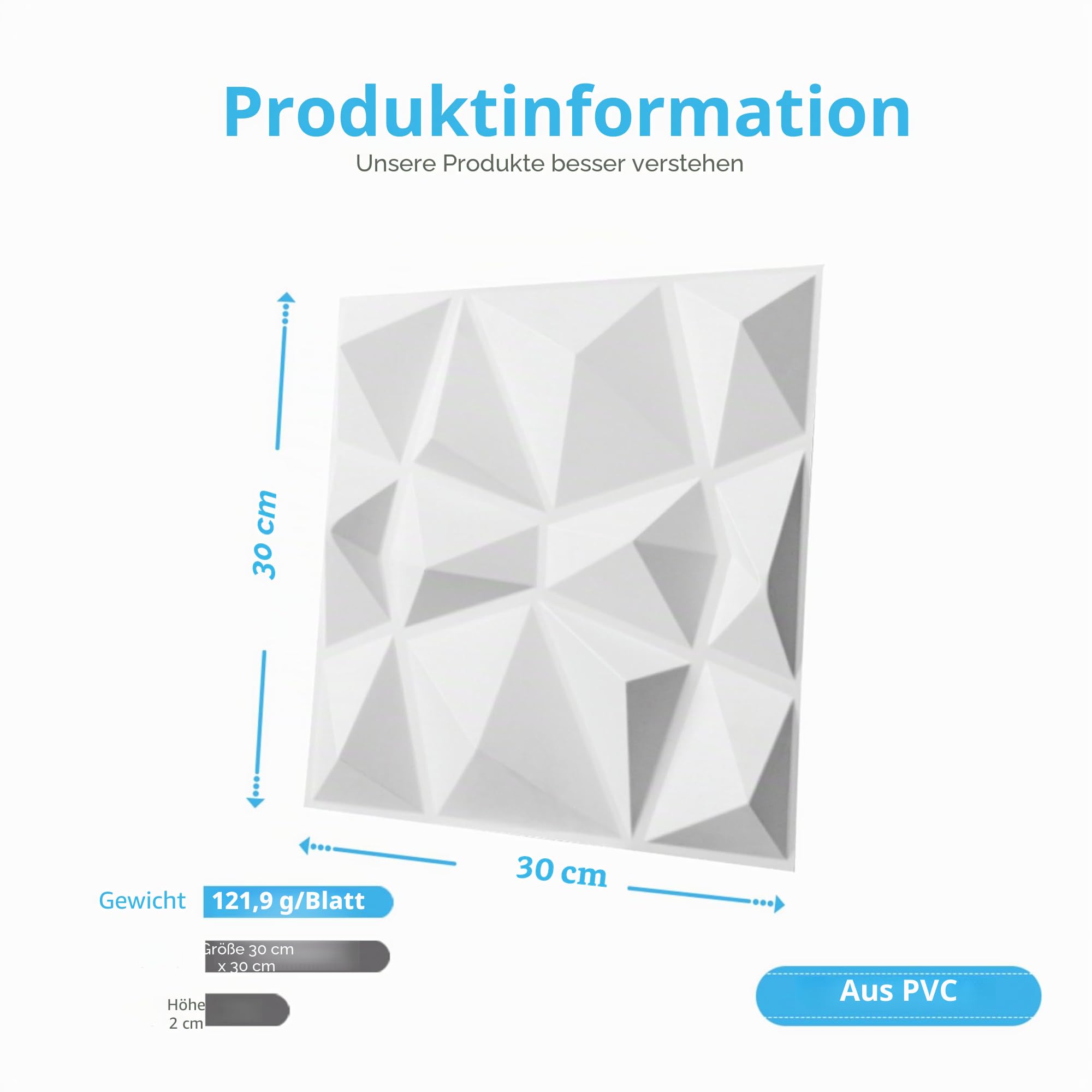 Art3d 33 Stück 3D Wandpaneele Diamant Hochsteifes PVC, 30 x 30 cm, Nicht Verformbar, Recycelbar, Wasserfest, Hitzebeständig, Geruchsneutral,matt weiß