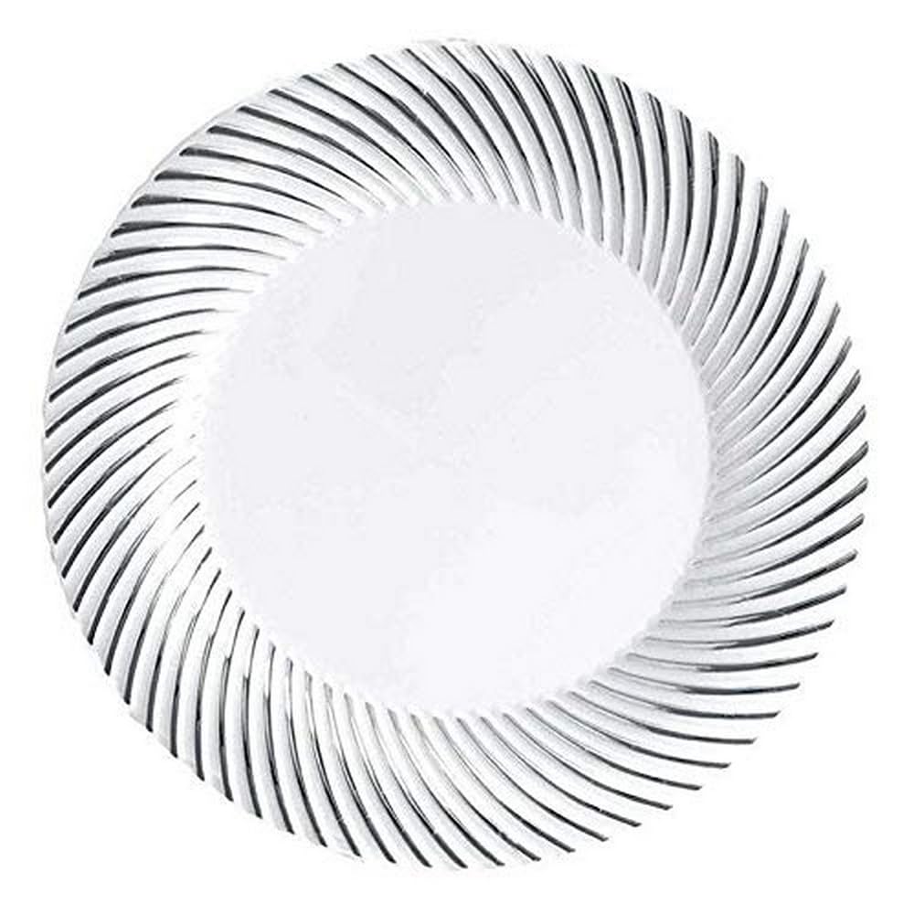 Kaya Plastic Swirl Rim Dinner Plates - 10.25" | Round | White/Silver | Pack of 10