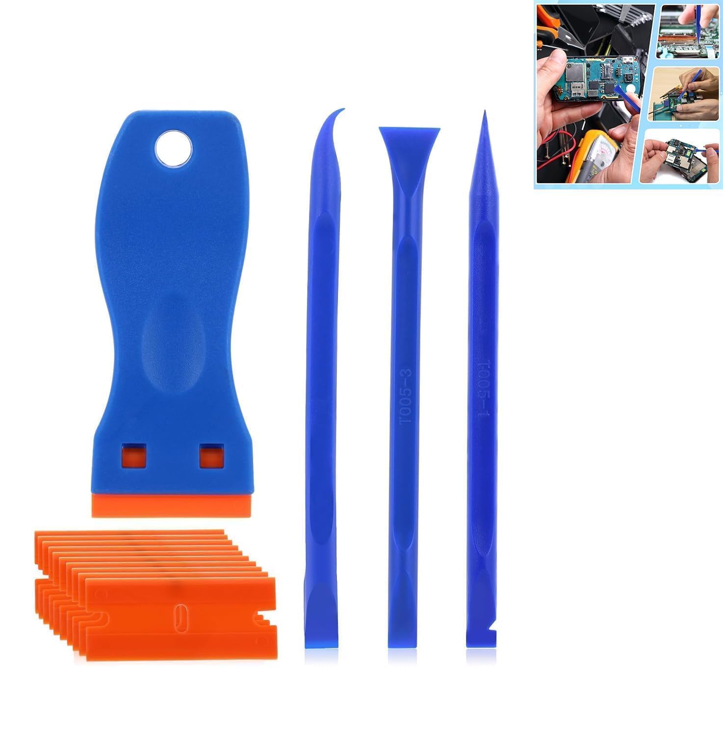 14PCS Plastic Scraper Tool Non-Scratch with 10PCS Blades – Multi-Purpose Glass Scraper for Removing Stickers Labels Decals Caulk Paint Residu