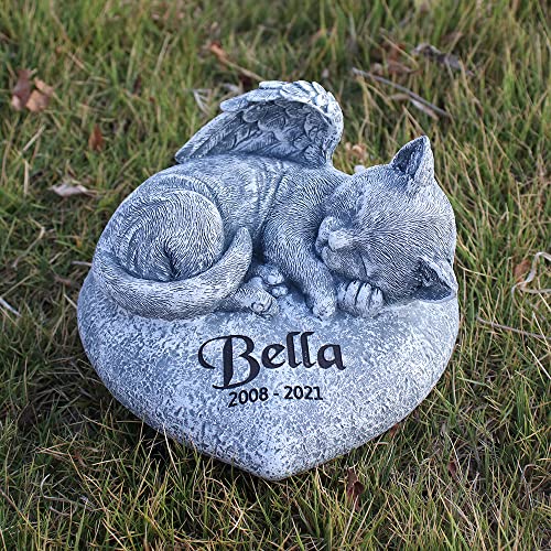 CYYZB Angel Cat Memorial Garden Statue Stones Grave Markers with a Cat Statue Sleeps on The Heart-Shaped Stone -Sympathy Pet Memorial Loss Gifts