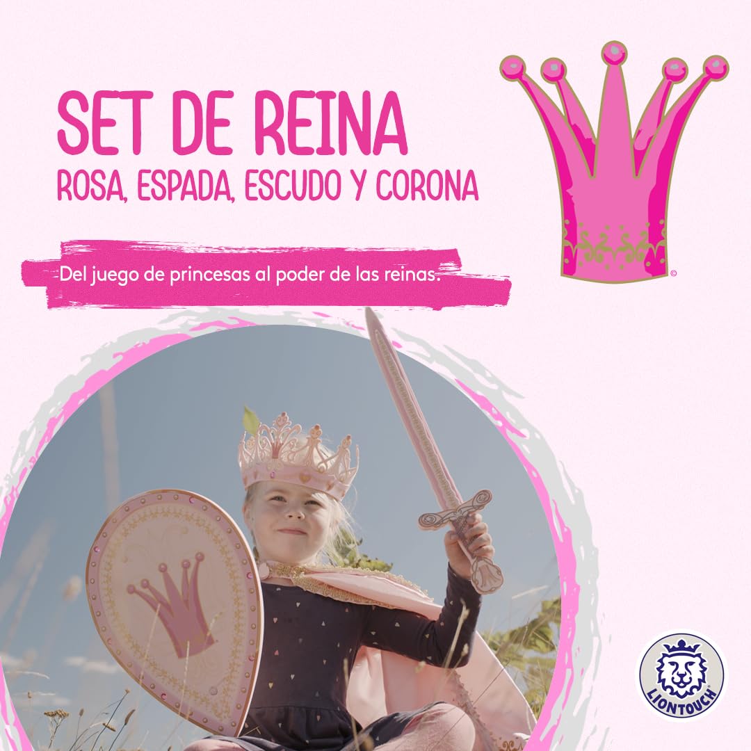 Liontouch - Set de Reina Rosa, Espada, Escudo y Corona, Niñas Edades de 3-8 Años | Accesorios Rosa para Juego de Imitación en Estilo Medieval | Armas y Armaduras Seguras para Disfraces y Trajes Reales
