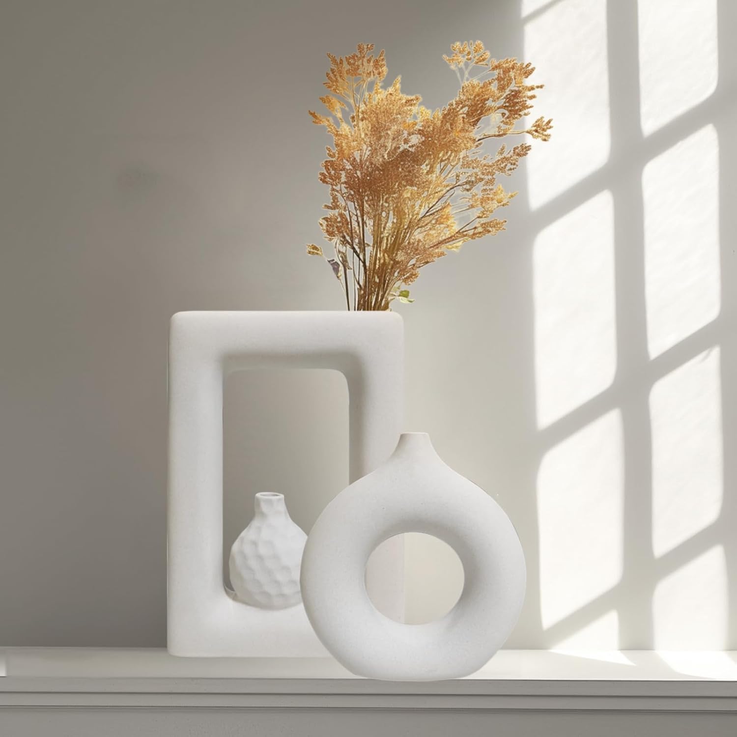 Generic Two-Piece Set of Matte Textured Ceramic vases, Unique Artistic Design, Bohemian Style, Suitable for Home Decoration. (Rectangle and Donut), Clay Yellow, TCHP-001