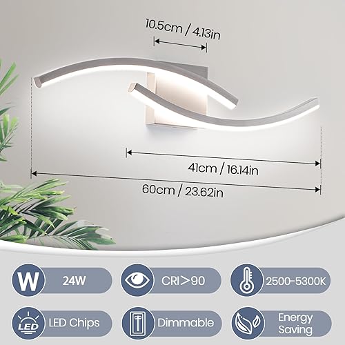 Miniatura 3 de Lámpara moderna de tocador de baño de 23.62 pulgadas, lámparas de níquel cepillado, regulables, 5CCT, lámpara de baño LED sobre espejo, lámpara de