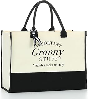 Granny Tote Bag for Women Personalized Beach Bag Waterproof Canvas Bag Inspirational Granny Gifts for Women Grandma Nana Grandmother Gigi Birthday Retirement Camping, Important Granny Stuff Snack Bag