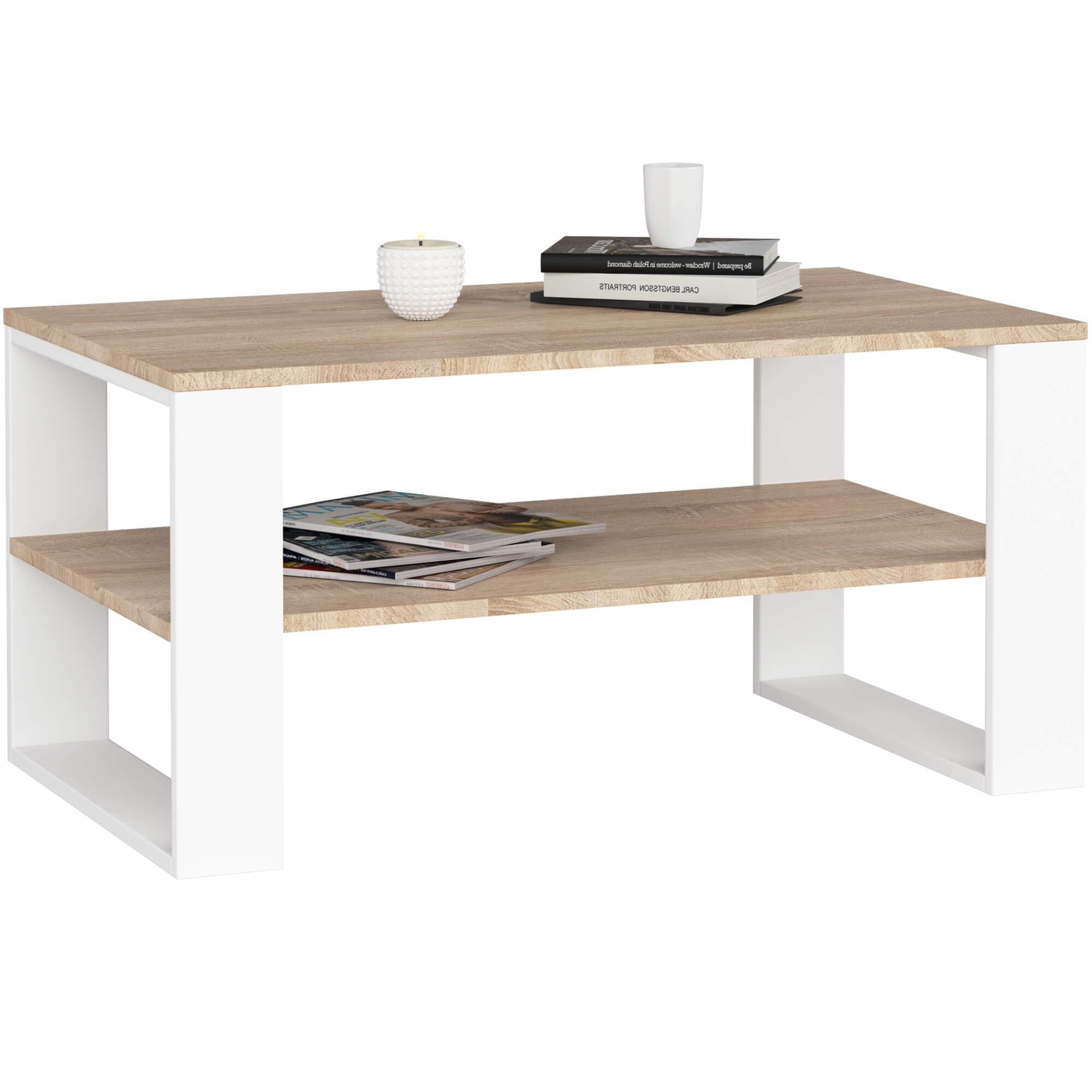AKORD Mesa de Centro Alex Roble Sonoma 92 cm con Estructura de Patas Blancas A92xL45xF53 cm