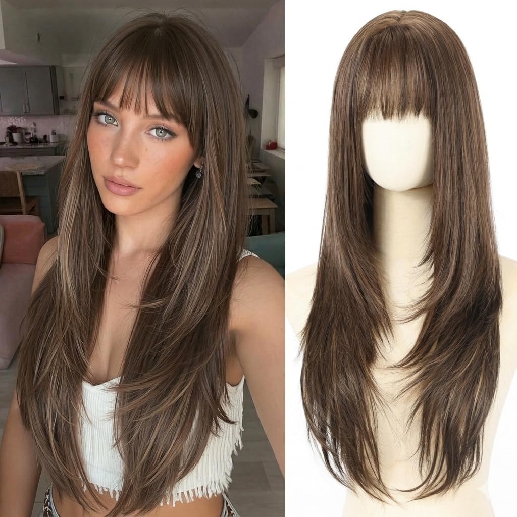 testar 4x4 Realistic Scalp Long Dark Brown Straight Wigs With Bangs for Women Synthetic Heat Resistant Fiber 26IN Layered Brunette Wigs for Daily Use