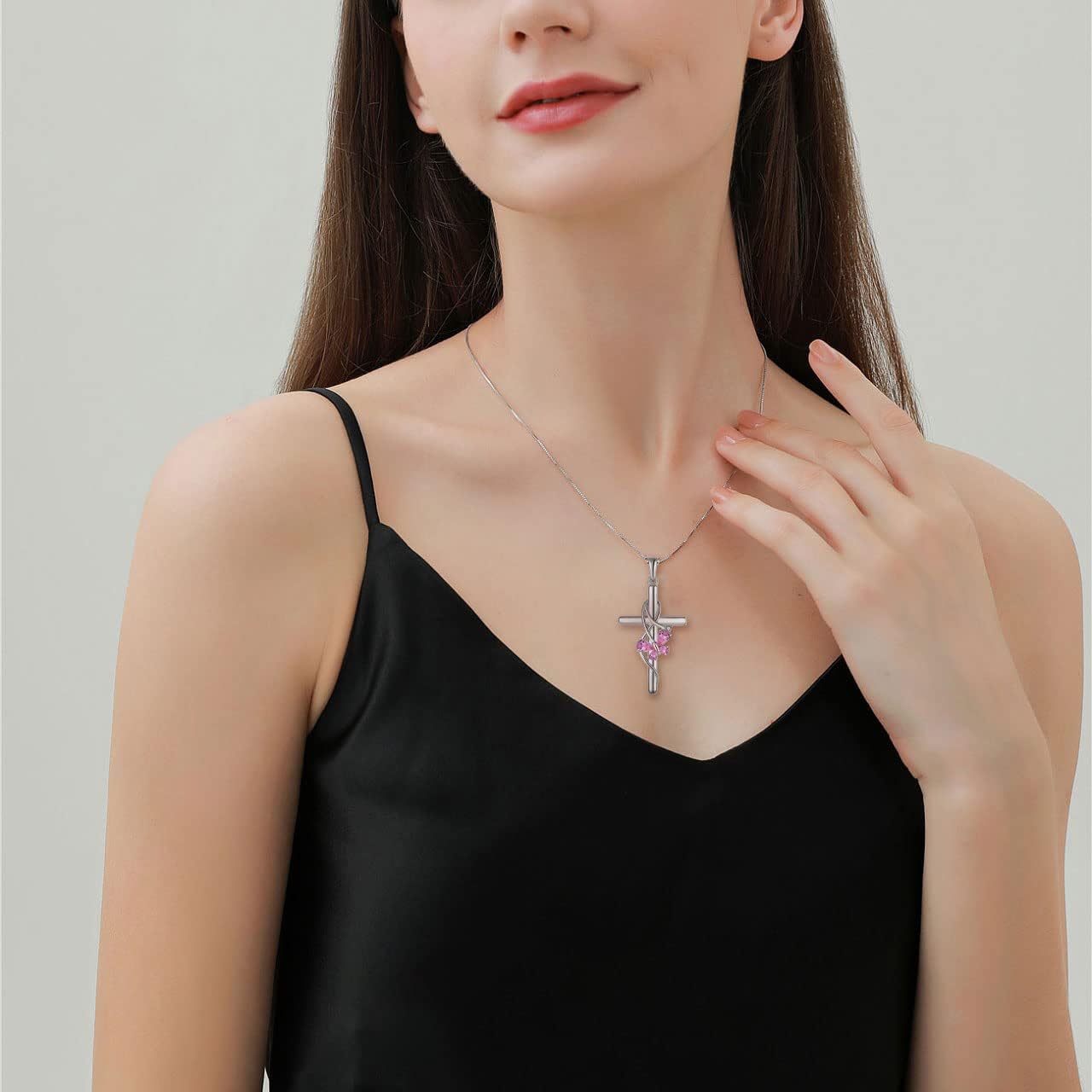 Butterfly Cross Necklace, 925 Sterling Silver Crucifix Pendant Birthstone Created Gemstone Jewelry Gifts for Women - Image 2