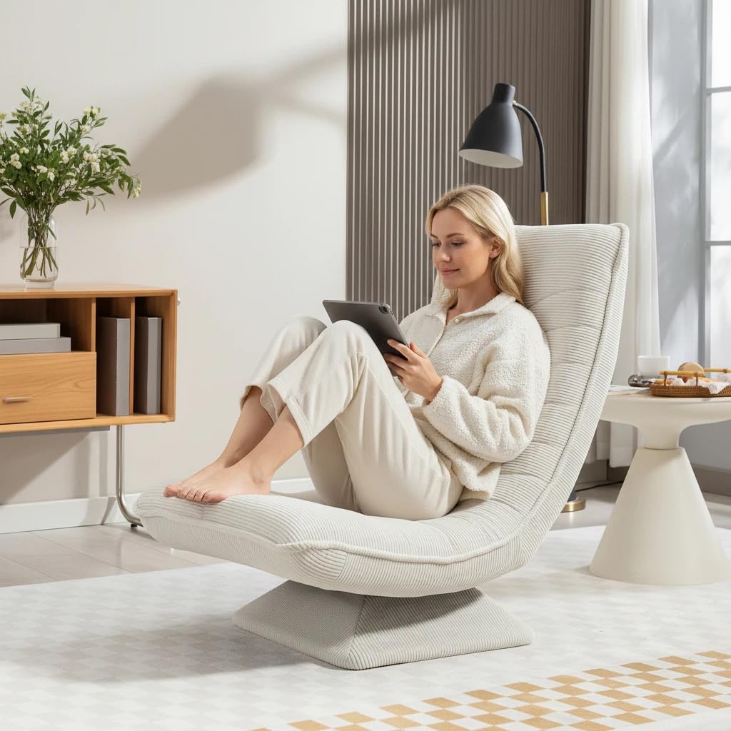 Poltrona da soggiorno con schienale regolabile, girevole a 360° | Senza montaggio, velluto a coste, cuscino da 13 cm, schienale regolabile, portata 150 kg, pieghevole salvaspazio, beige