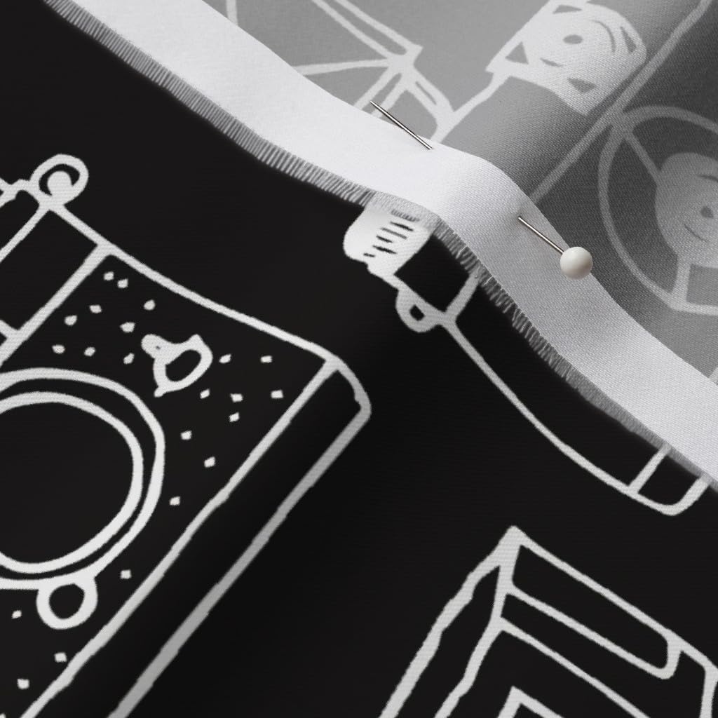 Spoonflower Fabric - Vintage Black White Drawn Camera Illustration Retro Photography Printed on Organic Cotton Sateen Fabric by The Yard - Sewing Quilting Apparel Home Decor