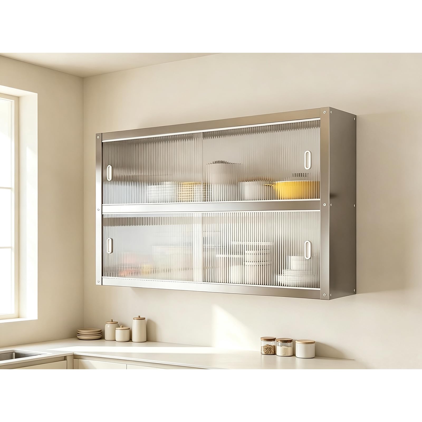 Stainless Steel Kitchen Wall Cabinet with Acrylic Sliding Doors,Easy to Clean, 2-Tier Metal Wall Mounted Hanging Storage Organizer for Spices and Dishes,Double layer100*30 * 70cm