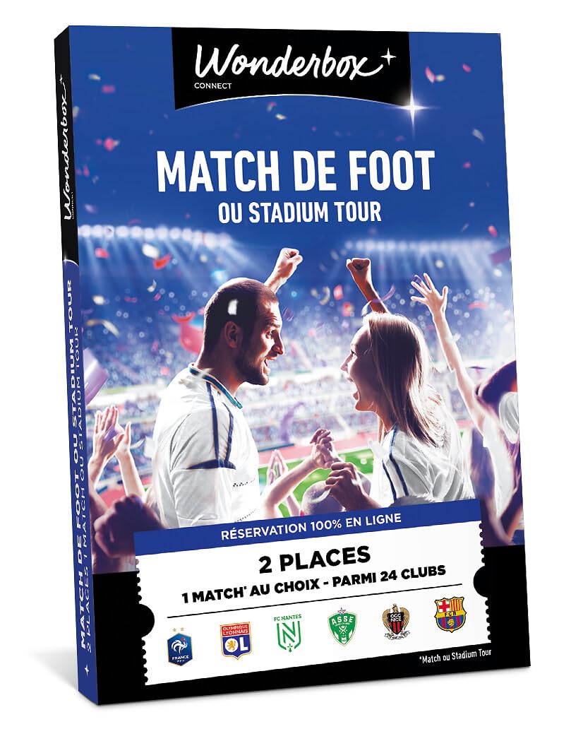 Wonderbox Connect - Coffret Cadeau - 100% Foot - 2 places pour 1 match au choix - Parmi 24 clubs de Football - Validité 27 mois